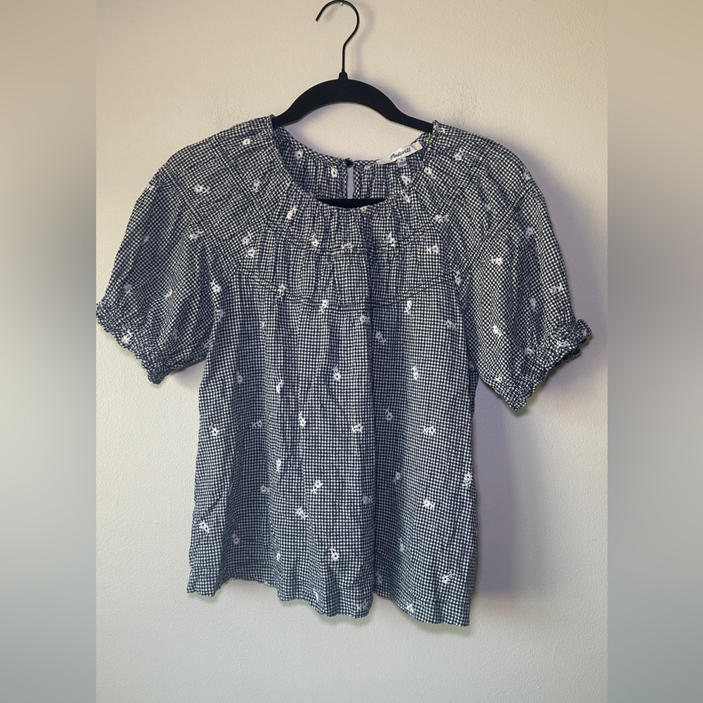 Madewell Gingham Embroidered Puff Sleeve Top Size M